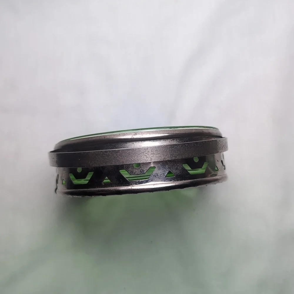 VTG Depression Glass Green Uranium Divided Condiment Dish W/Metal Basket